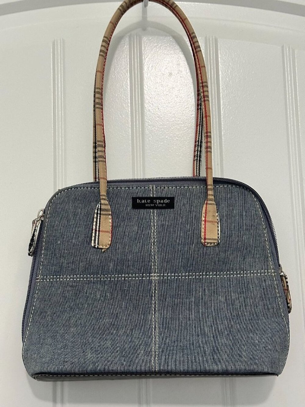 Kate Spade New York Small Doom Satchel in Chambray Denim with Plaid Handles